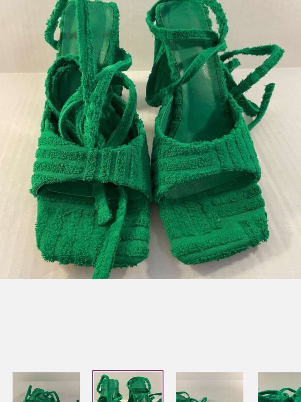 Terry-Textured Strap Green Block Heel Sandals - Women's